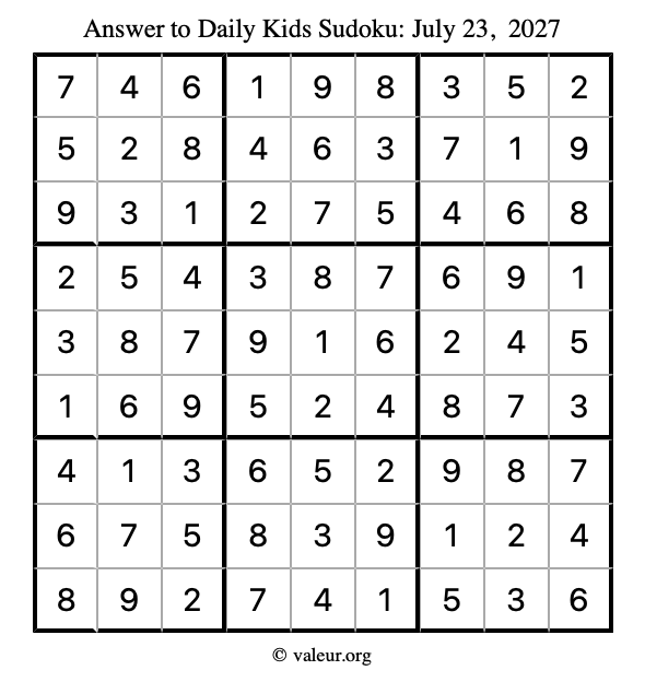 Answer to kids sudoku July 23, 2027