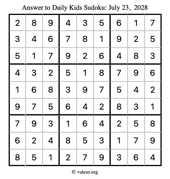 Answer to kids sudoku July 23, 2028