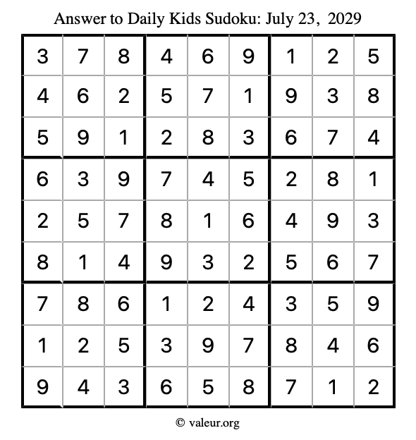 Answer to kids sudoku July 23, 2029