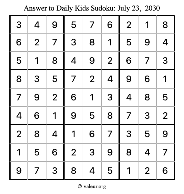 Answer to kids sudoku July 23, 2030