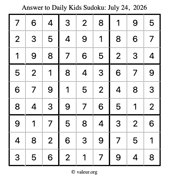 Answer to kids sudoku July 24, 2026