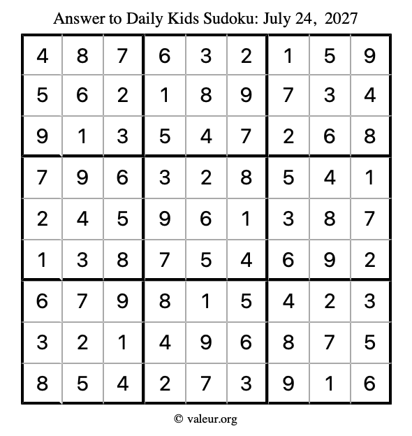 Answer to kids sudoku July 24, 2027