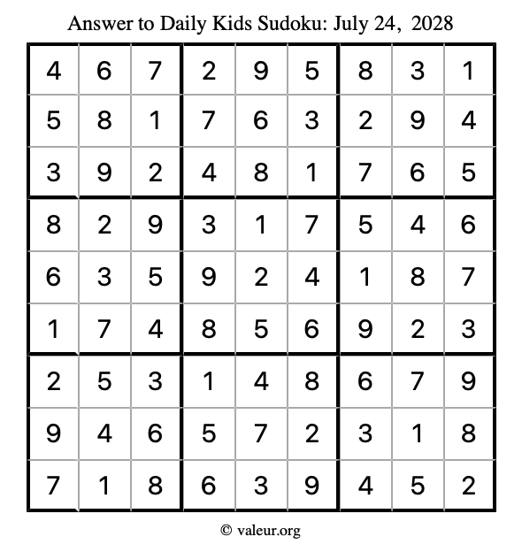 Answer to kids sudoku July 24, 2028