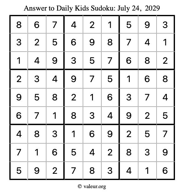 Answer to kids sudoku July 24, 2029
