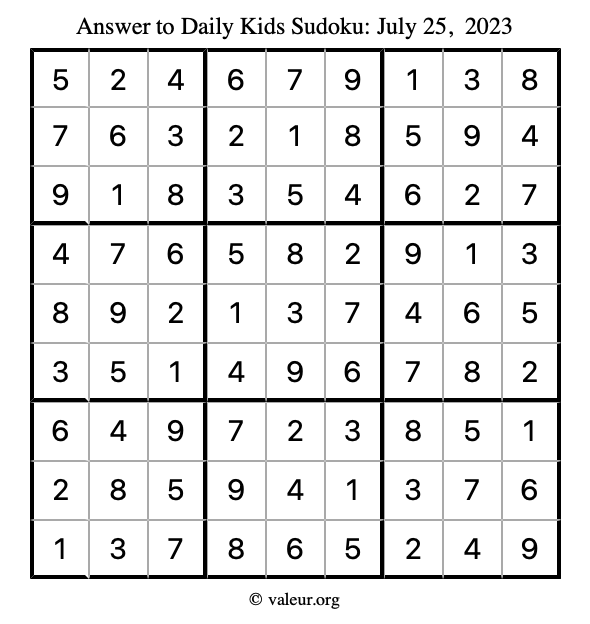 Answer to kids sudoku July 25, 2023