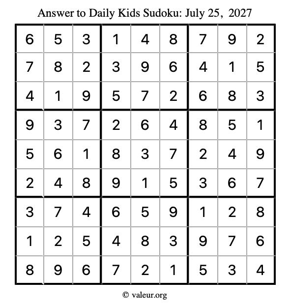 Answer to kids sudoku July 25, 2027