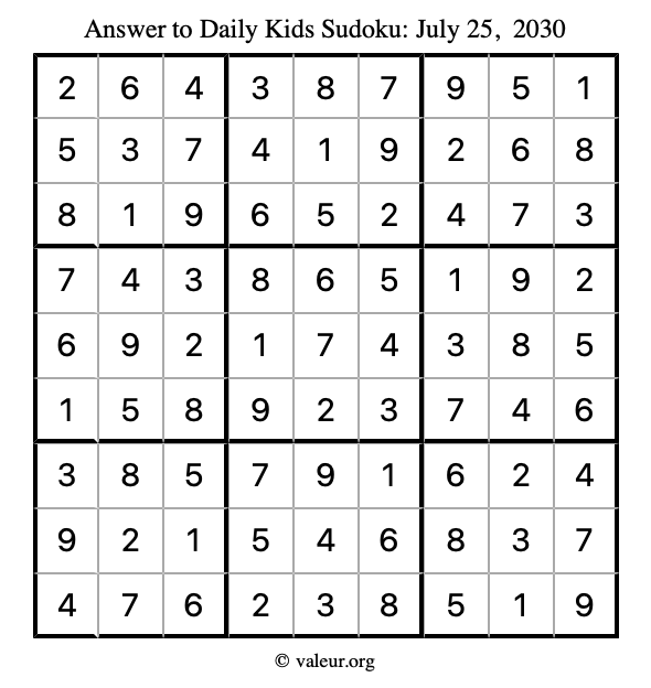 Answer to kids sudoku July 25, 2030
