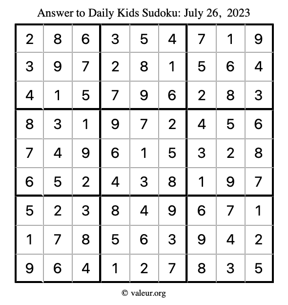 Answer to kids sudoku July 26, 2023