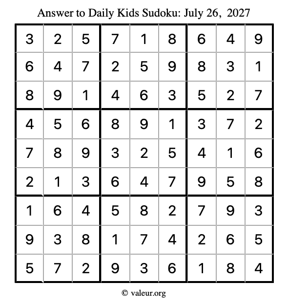 Answer to kids sudoku July 26, 2027