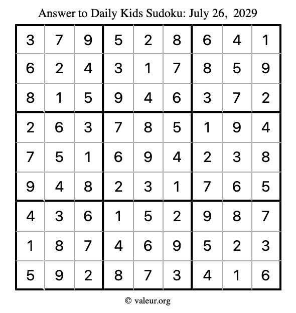 Answer to kids sudoku July 26, 2029