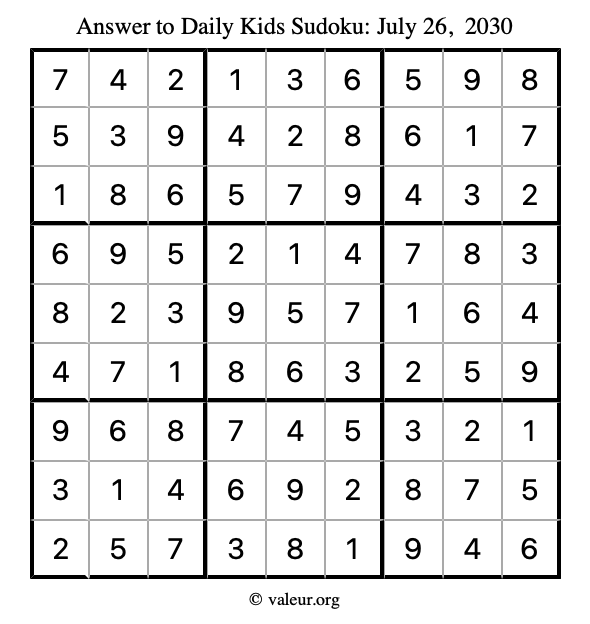 Answer to kids sudoku July 26, 2030