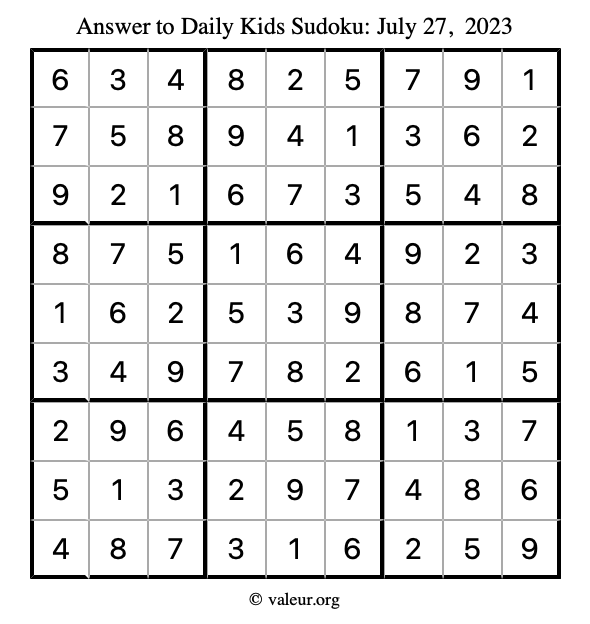 Answer to kids sudoku July 27, 2023