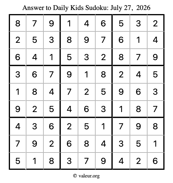 Answer to kids sudoku July 27, 2026