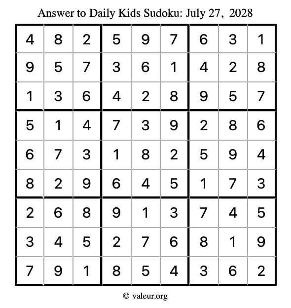 Answer to kids sudoku July 27, 2028