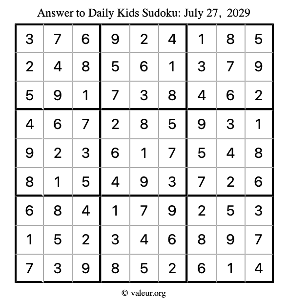 Answer to kids sudoku July 27, 2029