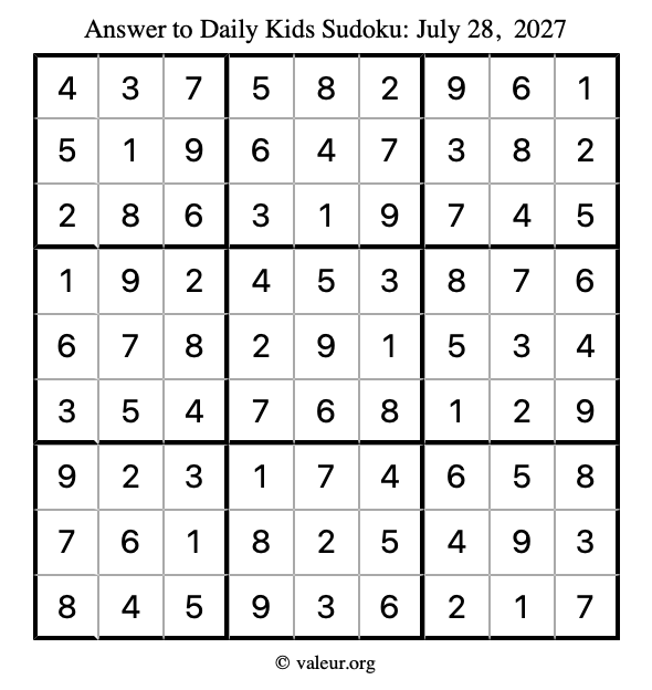 Answer to kids sudoku July 28, 2027