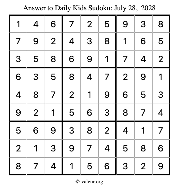 Answer to kids sudoku July 28, 2028