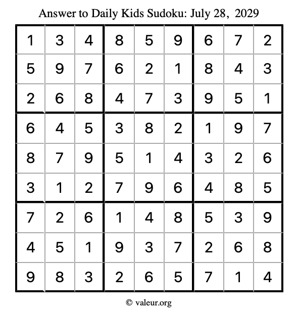 Answer to kids sudoku July 28, 2029