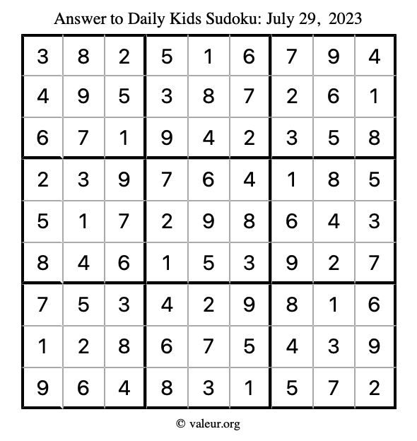 Answer to kids sudoku July 29, 2023