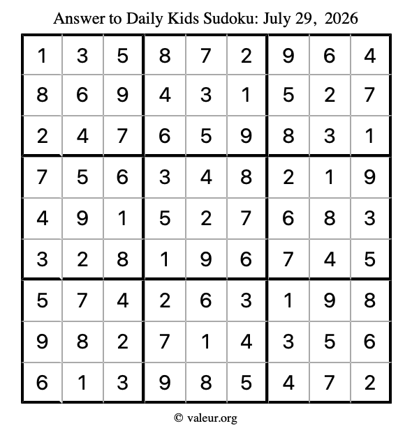 Answer to kids sudoku July 29, 2026