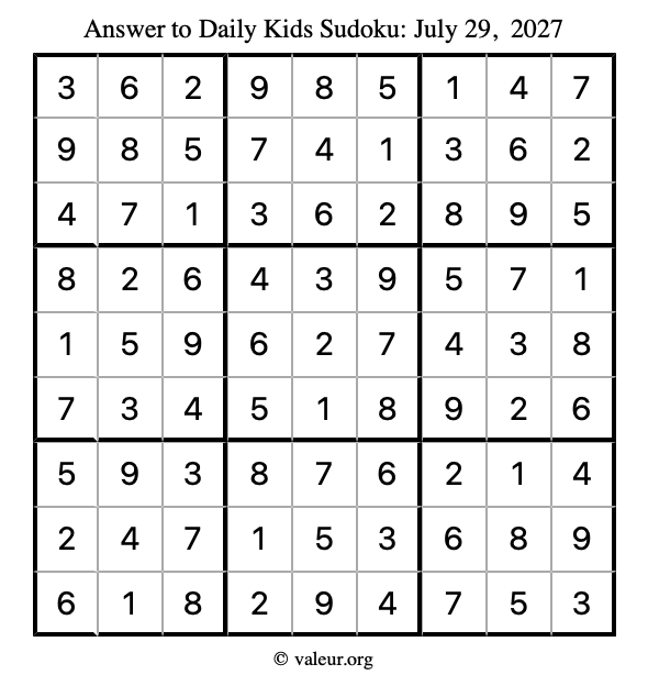 Answer to kids sudoku July 29, 2027