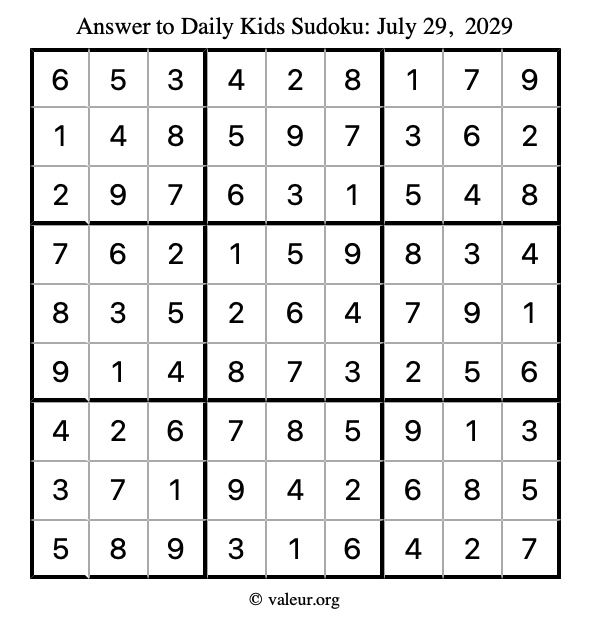 Answer to kids sudoku July 29, 2029