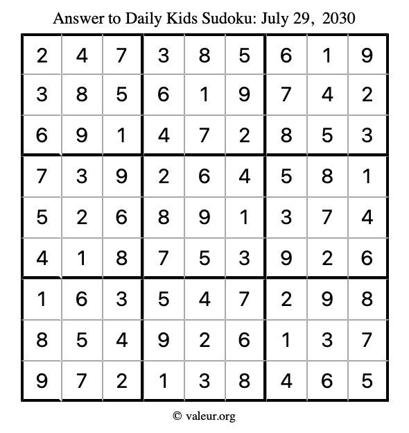 Answer to kids sudoku July 29, 2030