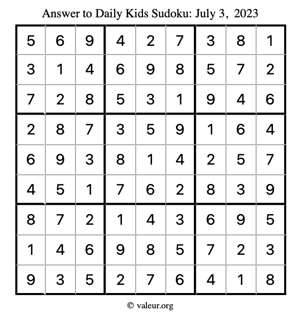 Answer to kids sudoku July 3, 2023