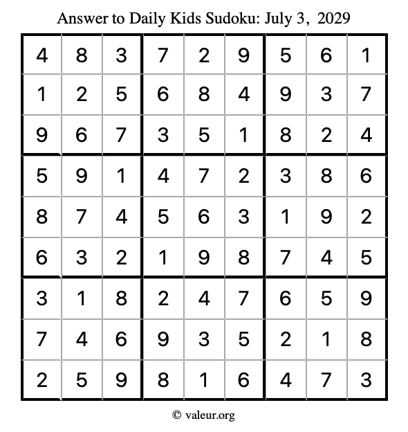 Answer to kids sudoku July 3, 2029