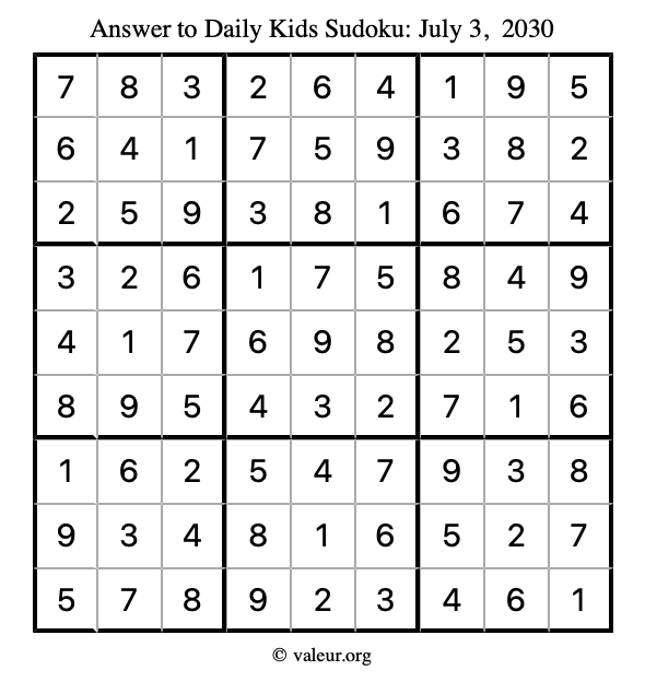 Answer to kids sudoku July 3, 2030