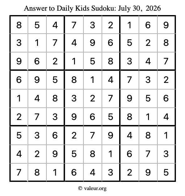 Answer to kids sudoku July 30, 2026