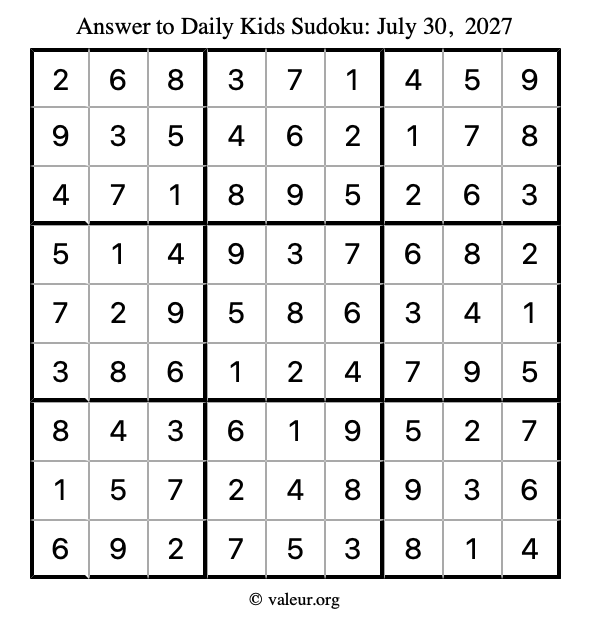 Answer to kids sudoku July 30, 2027