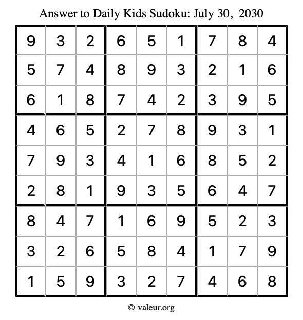 Answer to kids sudoku July 30, 2030
