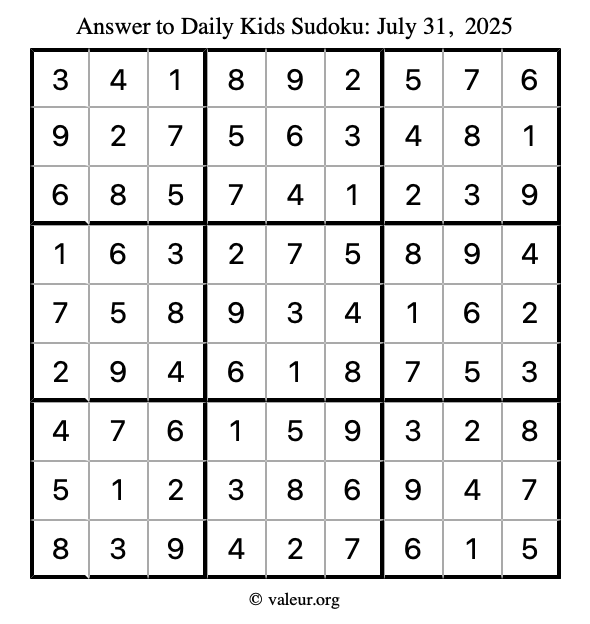 Answer to kids sudoku July 31, 2025