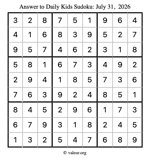 Answer to kids sudoku July 31, 2026