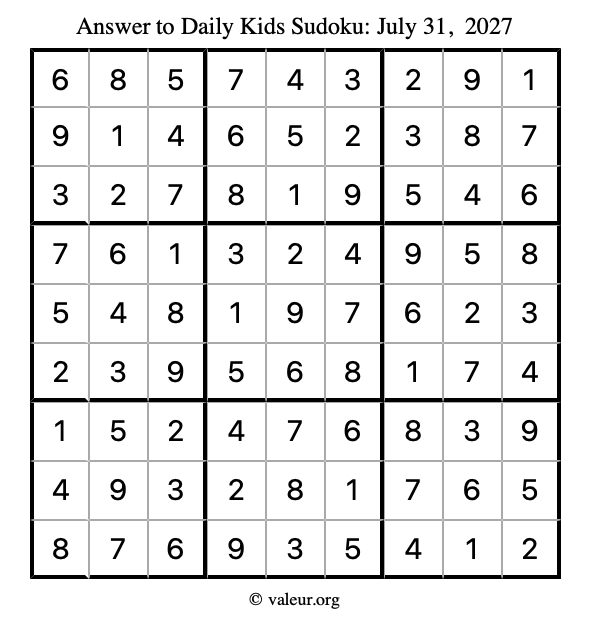 Answer to kids sudoku July 31, 2027