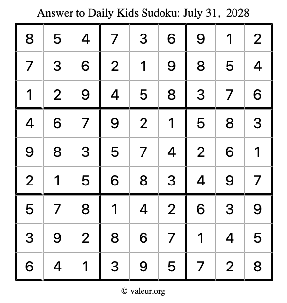 Answer to kids sudoku July 31, 2028