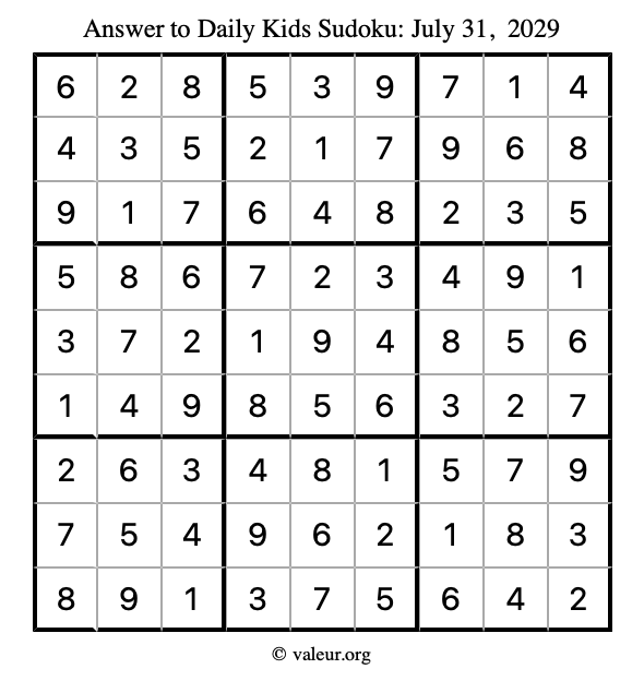 Answer to kids sudoku July 31, 2029