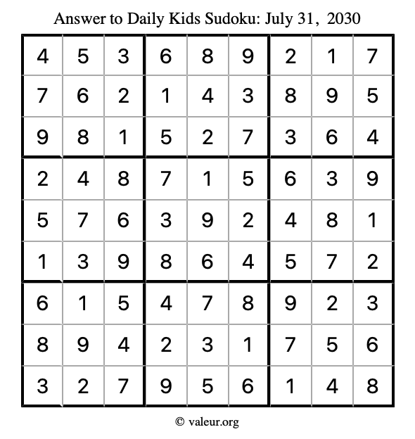 Answer to kids sudoku July 31, 2030