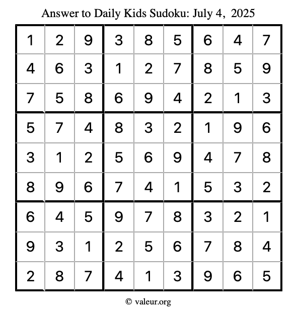 Answer to kids sudoku July 4, 2025