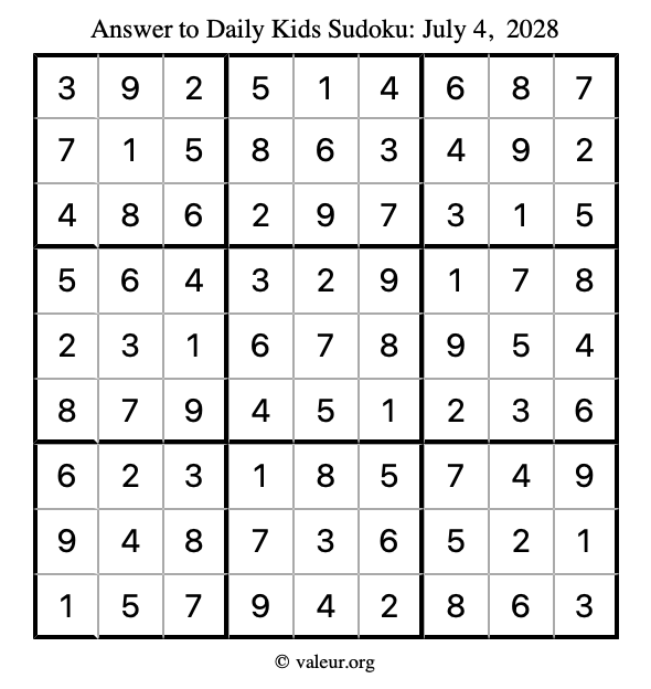 Answer to kids sudoku July 4, 2028