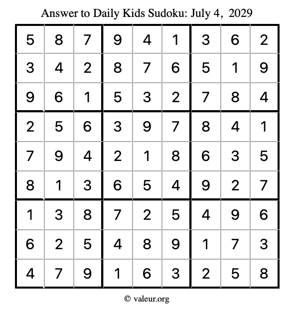Answer to kids sudoku July 4, 2029