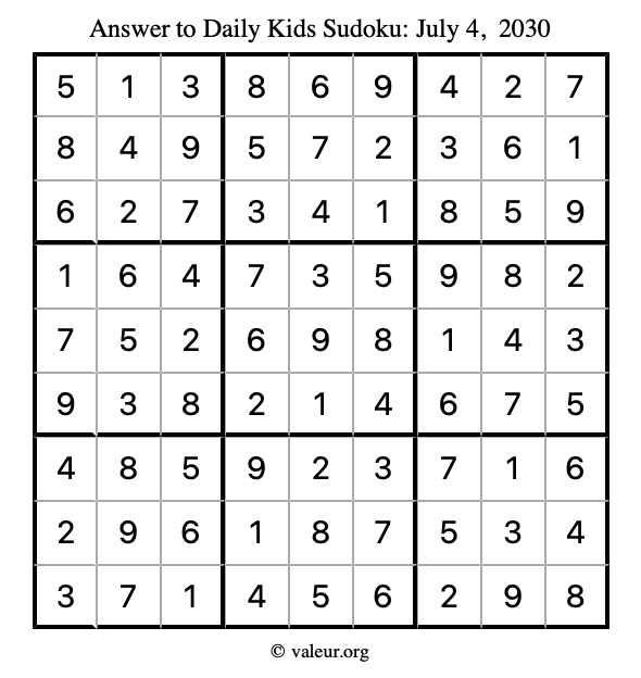 Answer to kids sudoku July 4, 2030
