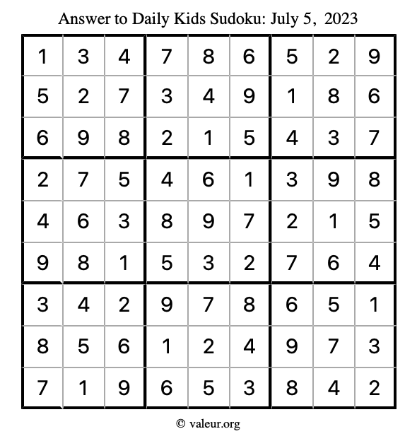 Answer to kids sudoku July 5, 2023