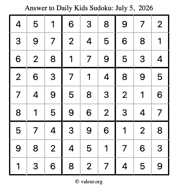 Answer to kids sudoku July 5, 2026