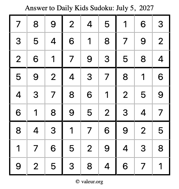 Answer to kids sudoku July 5, 2027