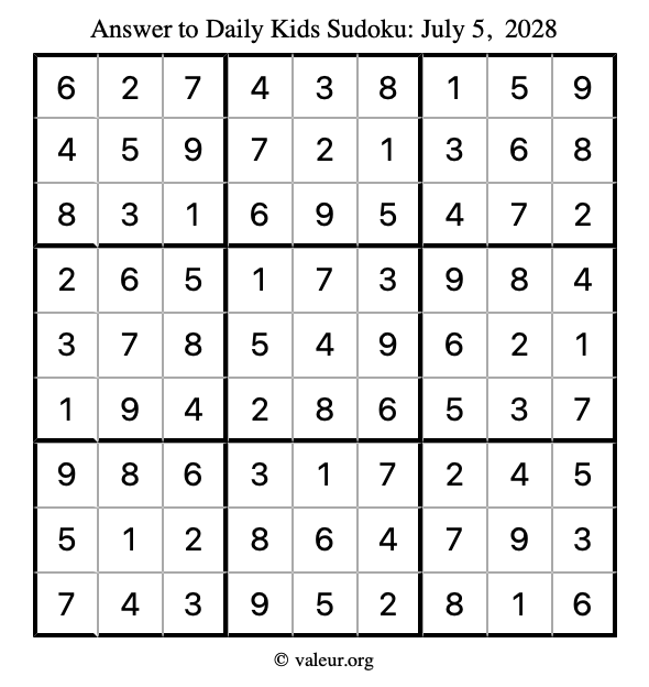 Answer to kids sudoku July 5, 2028