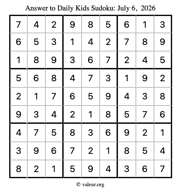 Answer to kids sudoku July 6, 2026