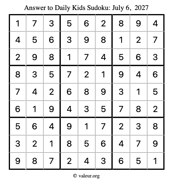 Answer to kids sudoku July 6, 2027