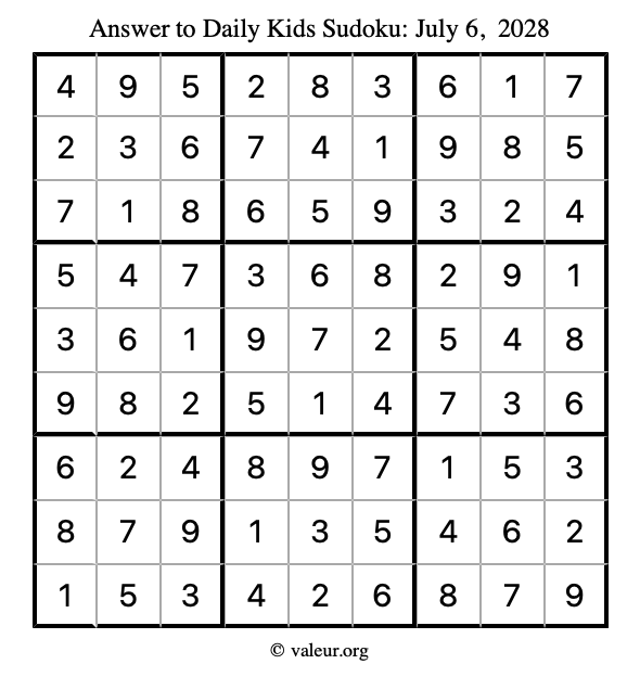 Answer to kids sudoku July 6, 2028